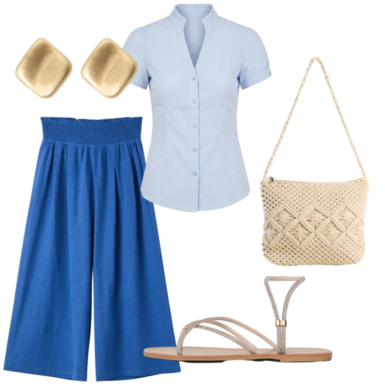 Outfit donna - Total look #2420131. Stile Minimal per Tutti i giorni. Abbinamento con borse a tracolla, pantaloni, sandali, orecchini, camicie a manica corta.