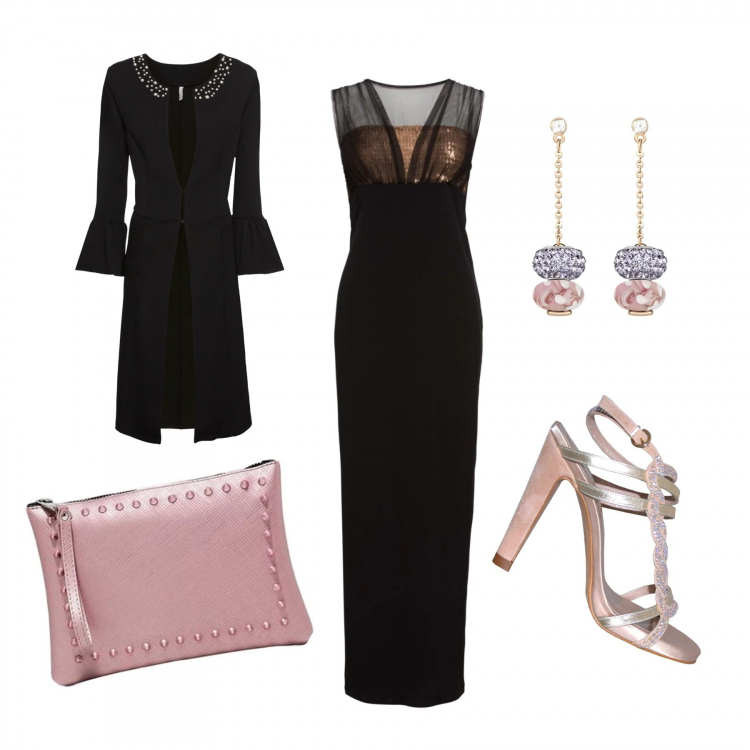 Outfit donna - Red carpet abito lungo nero. Stile Chic per Cerimonia. Abbinamento con vestito a rete, soprabito con perle e volant nero, sandali con strass effetto scamosciato, orecchini, pochette con borchie taglia media con zip in ecopelle.