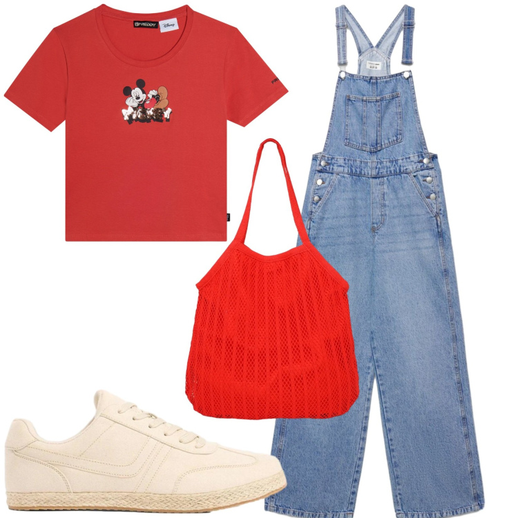 Outfit donna - Total look #2420140. Stile Trendy per Tutti i giorni. Abbinamento con sneakers, salopette, shopping bag, t-shirt.