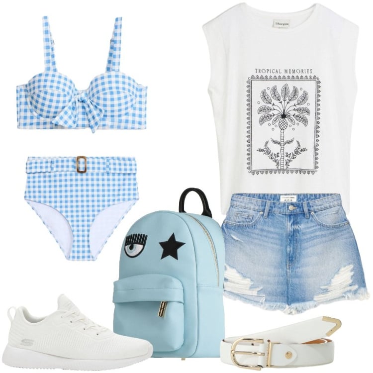 Outfit donna - Al mare con gli amici. Stile Casual per Mare. Abbinamento con zaini, sneakers, canottiere, bikini, shorts, cinture.