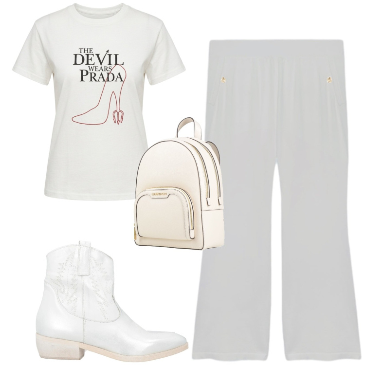 Outfit donna - Total look #2420143. Stile Trendy per Tutti i giorni. Abbinamento con zaini, stivaletti texani, t-shirt, pantaloni.