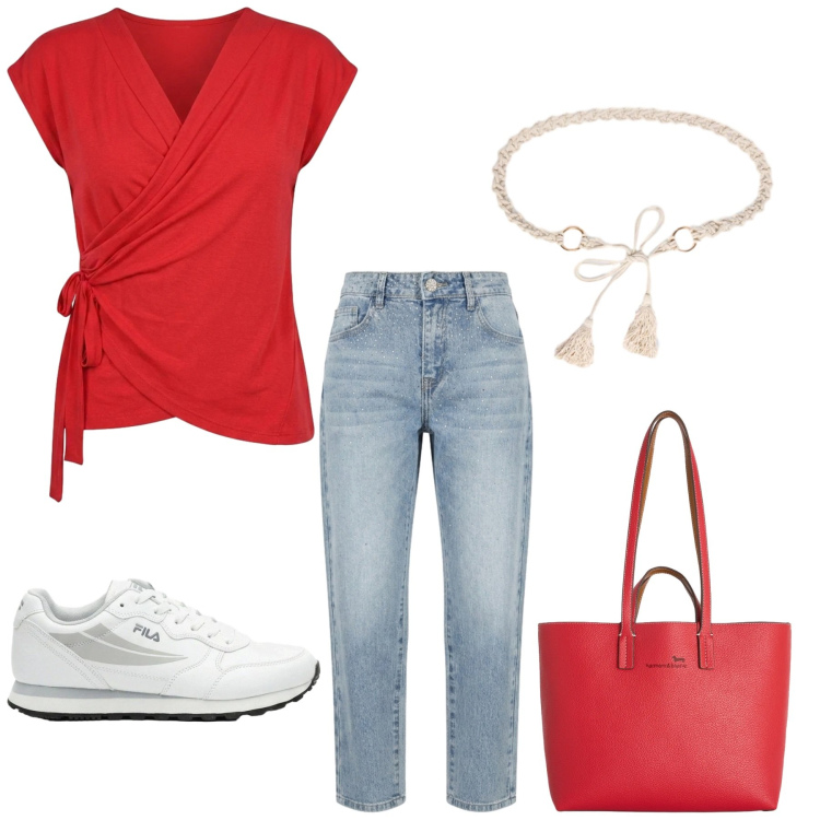 Outfit donna - Total look #2420149. Stile Basic per Ufficio. Abbinamento con sneakers, shopping bag, cinture, t-shirt, jeans.