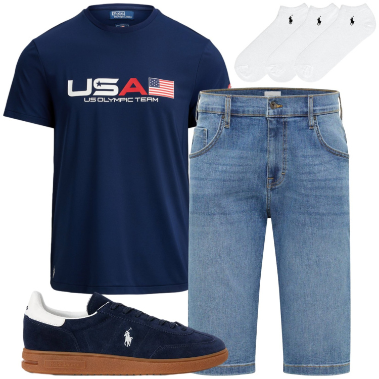 Outfit uomo - Total look #2420152. Stile Casual per Tutti i giorni. Abbinamento con bermuda, calzini, sneakers, t-shirt.