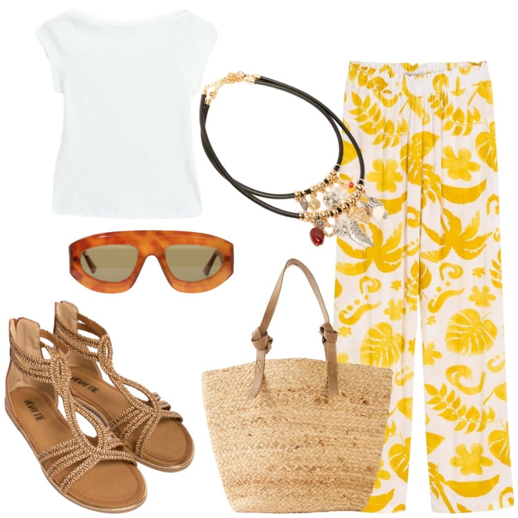 Outfit donna - Total look #2420156. Stile Trendy per Tutti i giorni. Abbinamento con pantaloni, shopping bag, occhiali da sole, top, sandali in pelle, collane.