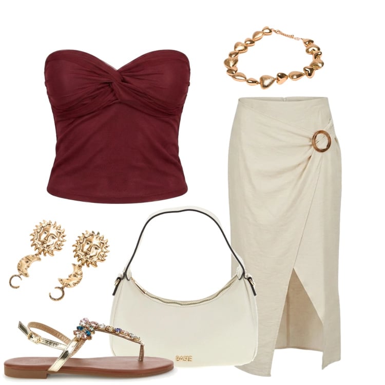 Outfit donna - La comodità incontra il glamour. Stile Glamour per Tutti i giorni. Abbinamento con collane, gonne longuette, top, orecchini, sandali gioiello, borse a tracolla.