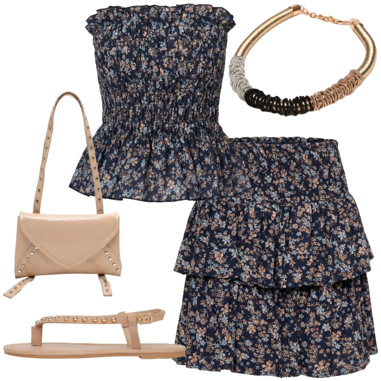 Outfit donna - Al lavoro. Stile Casual per Ufficio. Abbinamento con ciabatte, collane, borse a tracolla, top, minigonne.