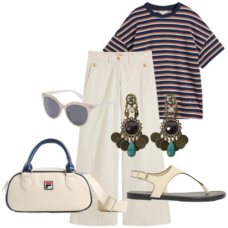 Outfit donna - Total look #2420178. Stile Casual chic per Tutti i giorni. Abbinamento con pantaloni, t-shirt, borse a tracolla, occhiali da sole, infradito, orecchini.
