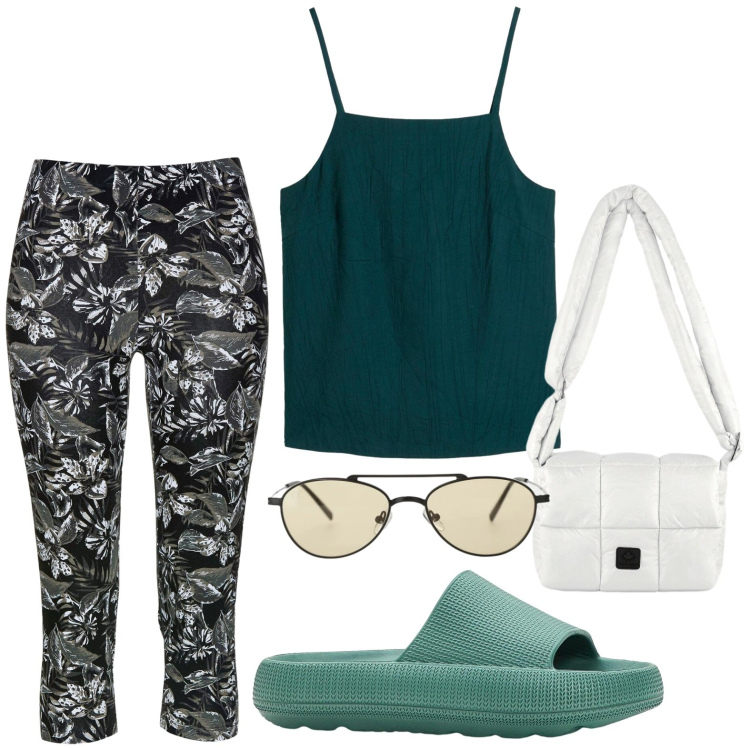 Outfit donna - Pantaloni slim. Stile Basic per Tutti i giorni. Abbinamento con leggings, top, ciabatte, occhiali da sole, borse a spalla.