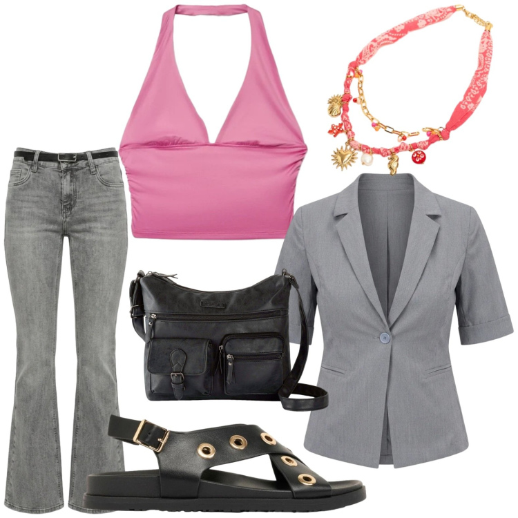 Outfit donna - Top rosa corallo. Stile Casual per Tutti i giorni. Abbinamento con borse a tracolla, sandali, top, collane, blazer, jeans.