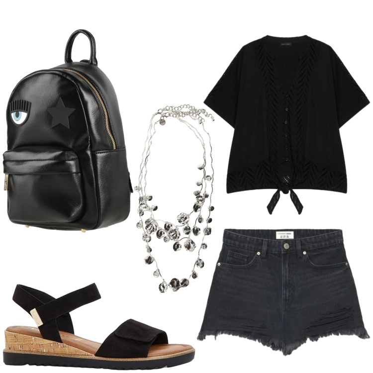 Outfit donna - Sandali confortevoli. Stile Glamour per Tutti i giorni. Abbinamento con zaini, sandali, shorts, bluse, collane.