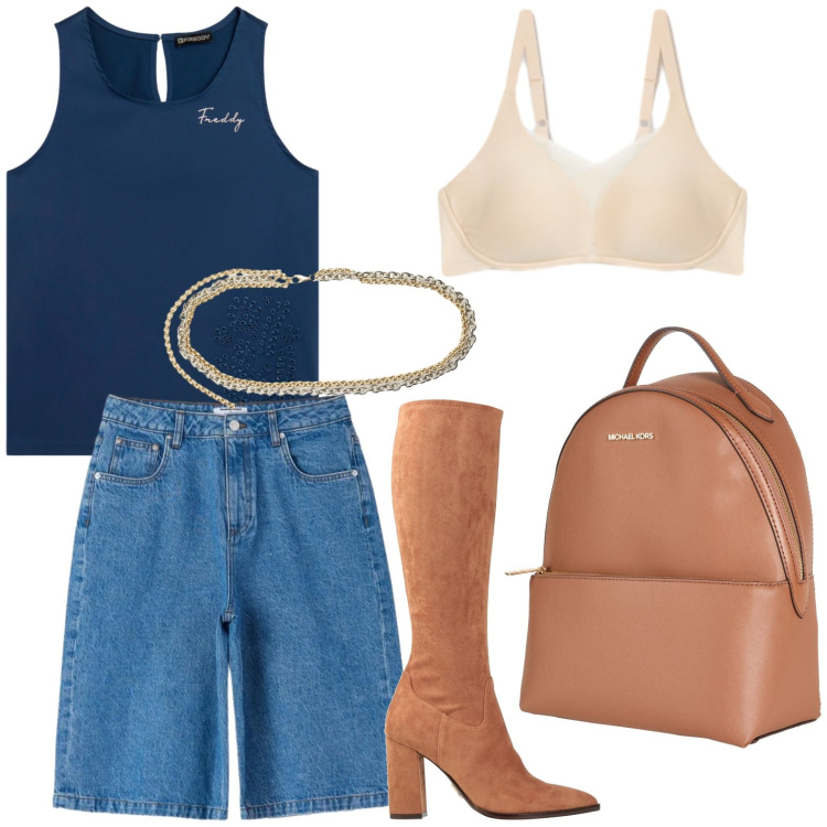 Outfit donna - Bermuda con stivali. Stile Casual per Tutti i giorni. Abbinamento con zaini, stivali, bermuda, top, reggiseni, cinture.