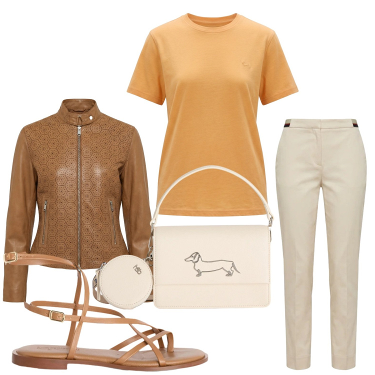 Outfit donna - Casual chic mediterraneo. Stile Etnico per Tutti i giorni. Abbinamento con pantaloni chino, t-shirt, giacche, sandali in pelle, borse a tracolla.