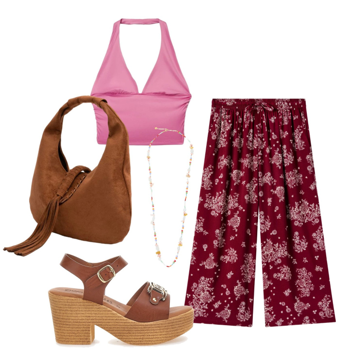 Outfit donna - Giugno. Stile Boho per Tutti i giorni. Abbinamento con pantaloni a palazzo, top, collane, borse a spalla, sandali col tacco.