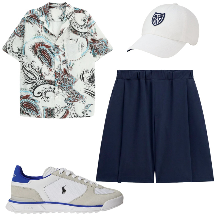 Outfit uomo - Total look #2420224. Stile Casual per Tutti i giorni. Abbinamento con camicie a manica corta, bermuda, sneakers, cappelli con visiera.