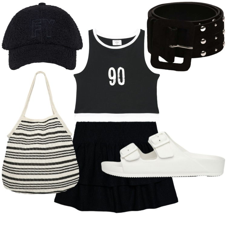 Outfit donna - In città. Stile Basic per Tutti i giorni. Abbinamento con shopping bag, ciabatte, minigonne, canottiere, cappelli con visiera, cinture.