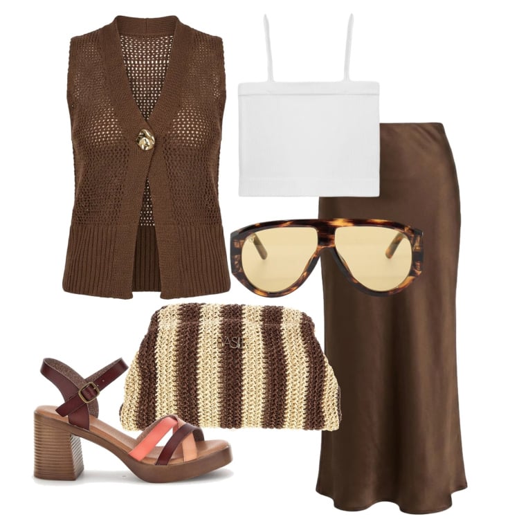 Outfit donna - Giugno. Stile Trendy per Tutti i giorni. Abbinamento con top, occhiali da sole, maglieria, gonne longuette, pochette, sandali col tacco.