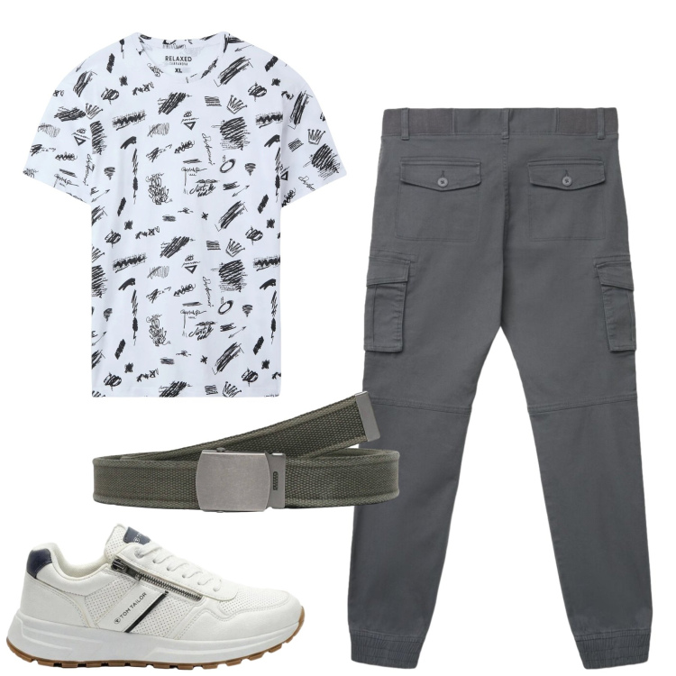 Outfit uomo - Total look #2420227. Stile Casual per Tutti i giorni. Abbinamento con sneakers, t-shirt, cinture, pantaloni cargo.