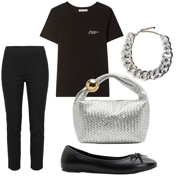 Outfit donna - Silver urban. Stile Casual per Tutti i giorni. Abbinamento con ballerine, t-shirt, collane, borse a mano, pantaloni.