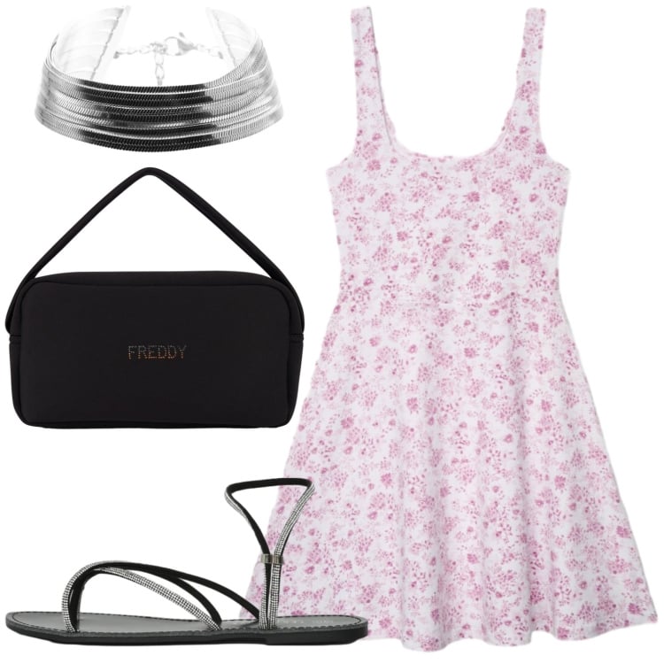 Outfit donna - Accessori glamour. Stile Casual per Tutti i giorni. Abbinamento con vestiti corti, sandali, borse a mano, braccialetti.