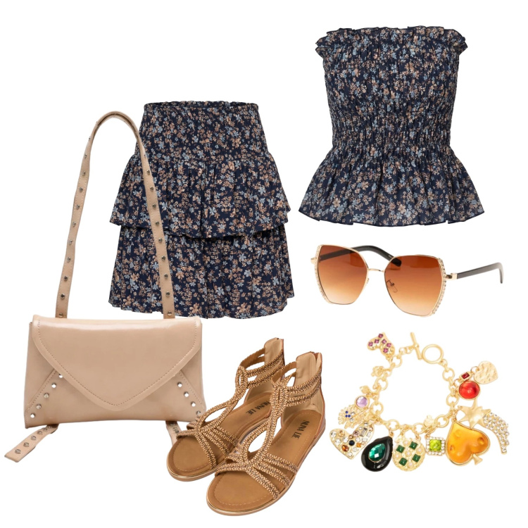 Outfit donna - Giugno. Stile Trendy per Tutti i giorni. Abbinamento con sandali in pelle, braccialetti con ciondoli, occhiali da sole, borse a tracolla, top, minigonne.