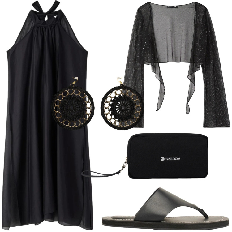 Outfit donna - Nero classico. Stile Casual per Tutti i giorni. Abbinamento con infradito, vestiti lunghi, blazer, valigie, orecchini.