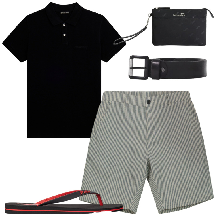 Outfit uomo - Al mare. Stile Casual per Mare. Abbinamento con borse sportive, polo, sandali, bermuda, cinture.