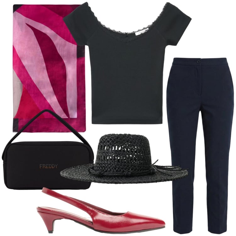 Outfit donna - Giornata chic. Stile Casual per Tutti i giorni. Abbinamento con décolleté, t-shirt, cappelli, borse a mano, foulard, pantaloni.