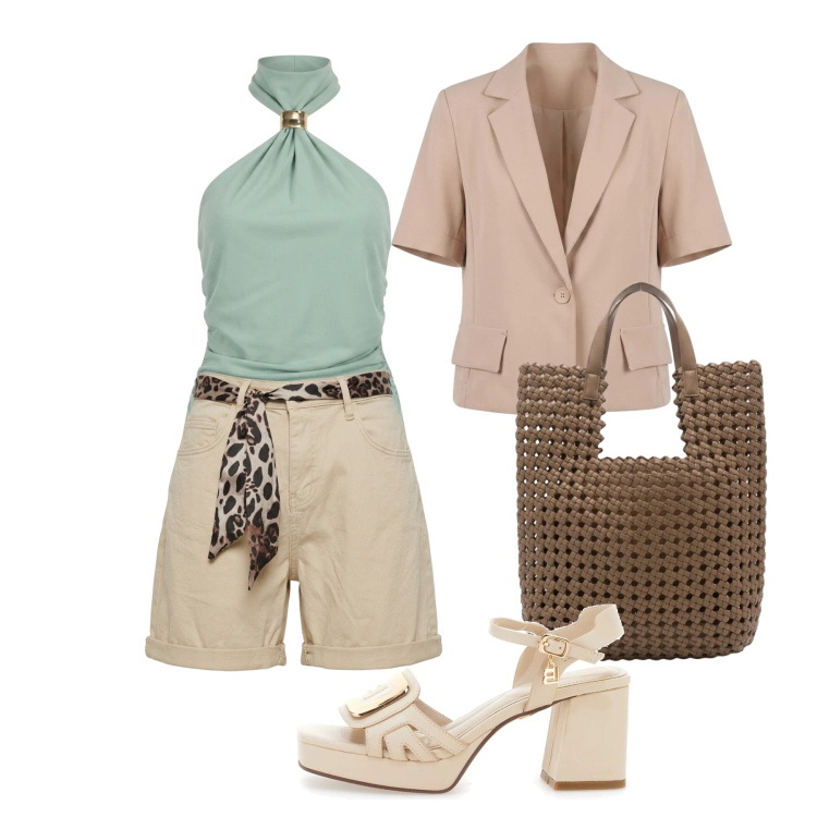 Outfit donna - Giugno. Stile Glamour per Tutti i giorni. Abbinamento con top, blazer, shorts, borse tote, sandali col tacco.