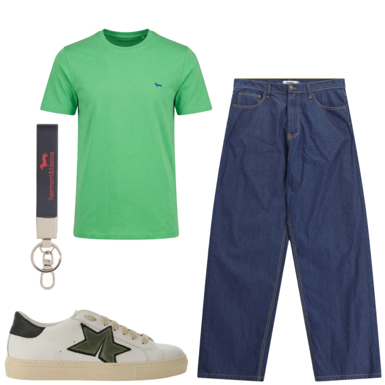 Outfit uomo - City. Stile Casual per Tutti i giorni. Abbinamento con portachiavi, t-shirt, sneakers, jeans.