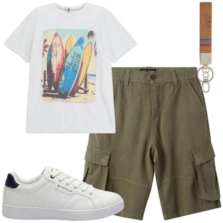 Outfit uomo - Weekend. Stile Casual per Tutti i giorni. Abbinamento con sneakers, bermuda, t-shirt, portachiavi.