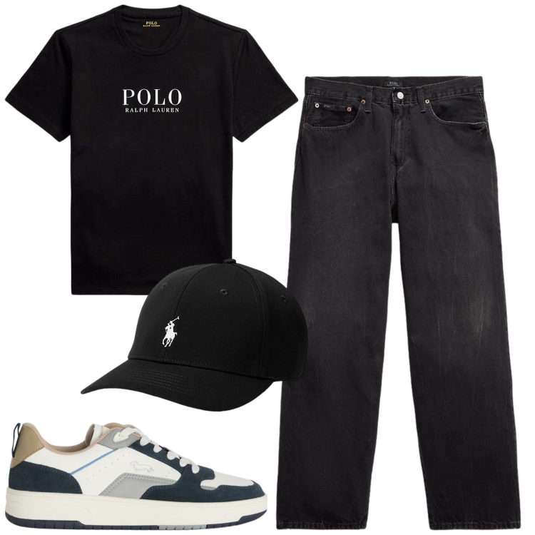 Outfit uomo - Black. Stile Casual per Tutti i giorni. Abbinamento con sneakers, t-shirt, cappelli, jeans.