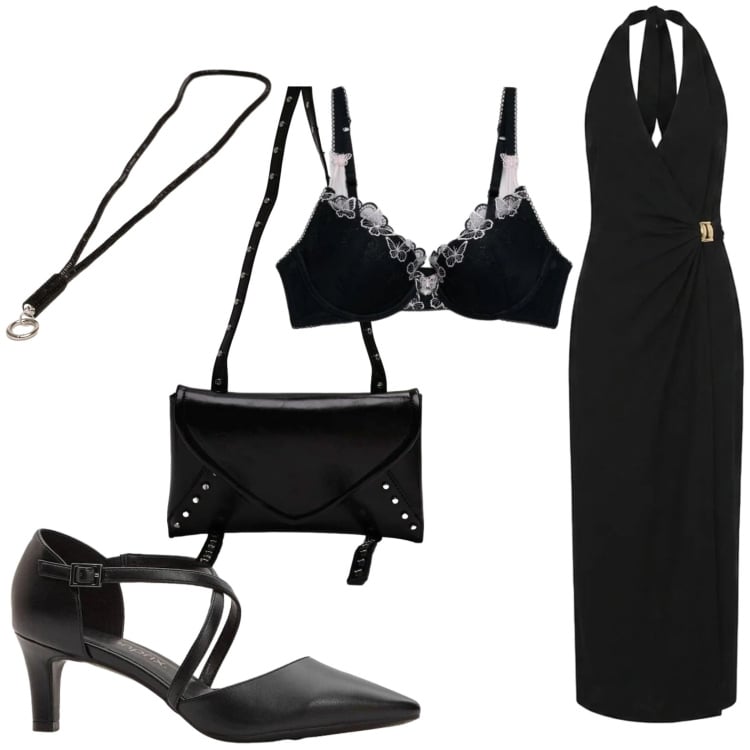 Outfit donna - Effetto noir. Stile Glamour per Serata fuori. Abbinamento con décolleté, reggiseni push-up, vestiti lunghi, borse a tracolla, collane.