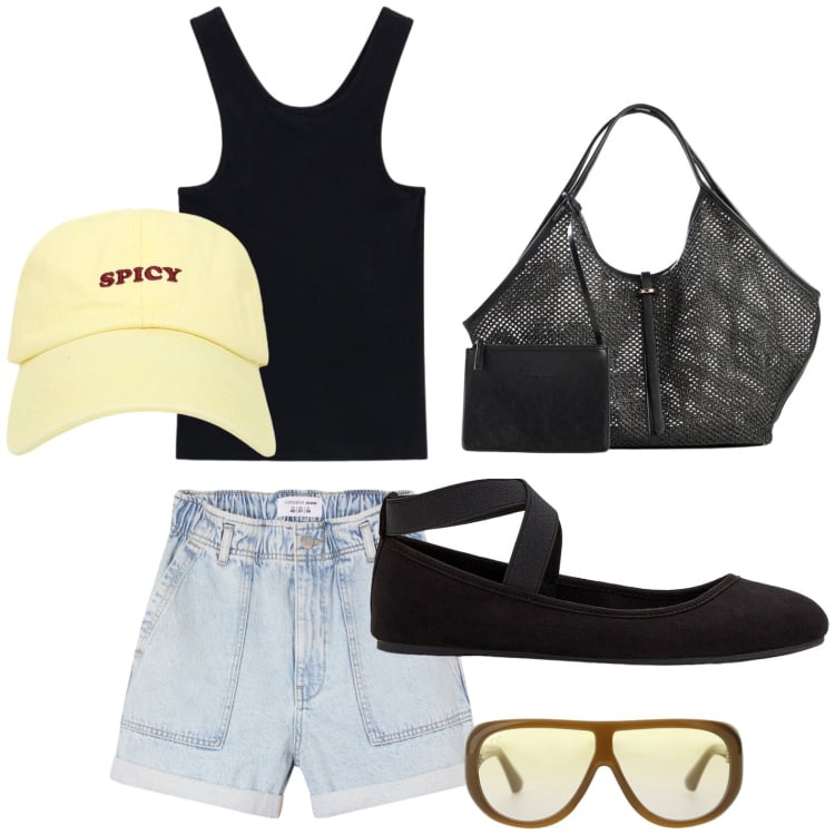 Outfit donna - Shorts lovers. Stile Basic per Tutti i giorni. Abbinamento con ballerine, shopping bag, shorts, cappelli con visiera, occhiali da sole, top.