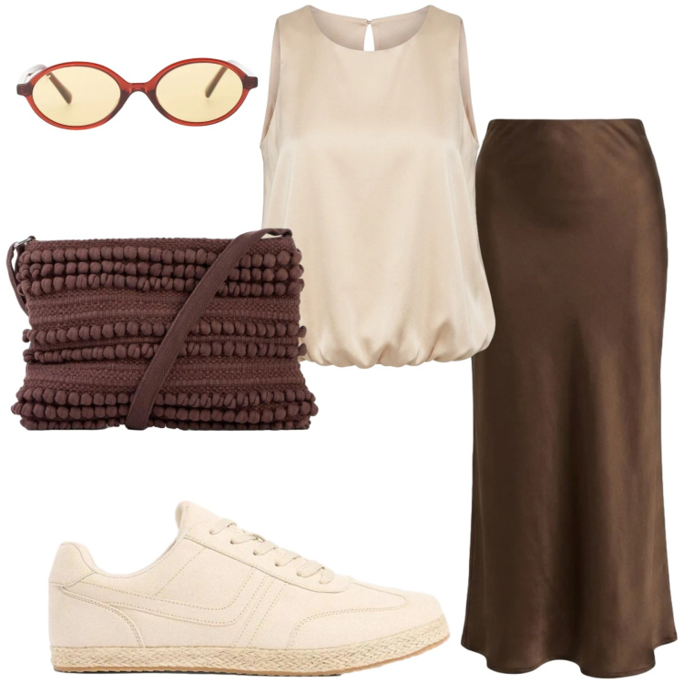 Outfit donna - Armonia di Cioccolato. Stile Boho per Tutti i giorni. Abbinamento con sneakers, borse a tracolla, occhiali da sole, gonne longuette, top.