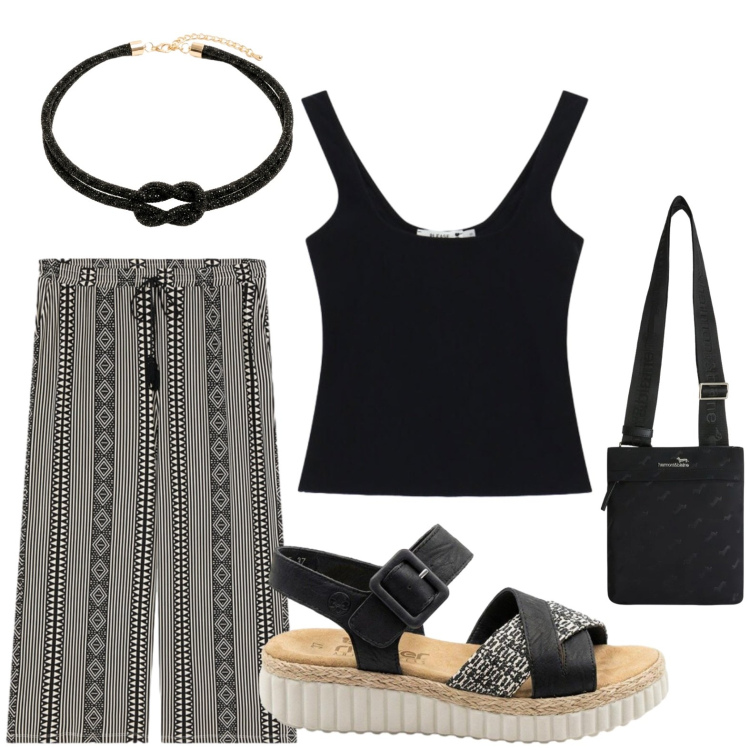 Outfit donna - Sandali trendy. Stile Glamour per Tutti i giorni. Abbinamento con sandali, borse a tracolla, top, pantaloni a palazzo, cinture.