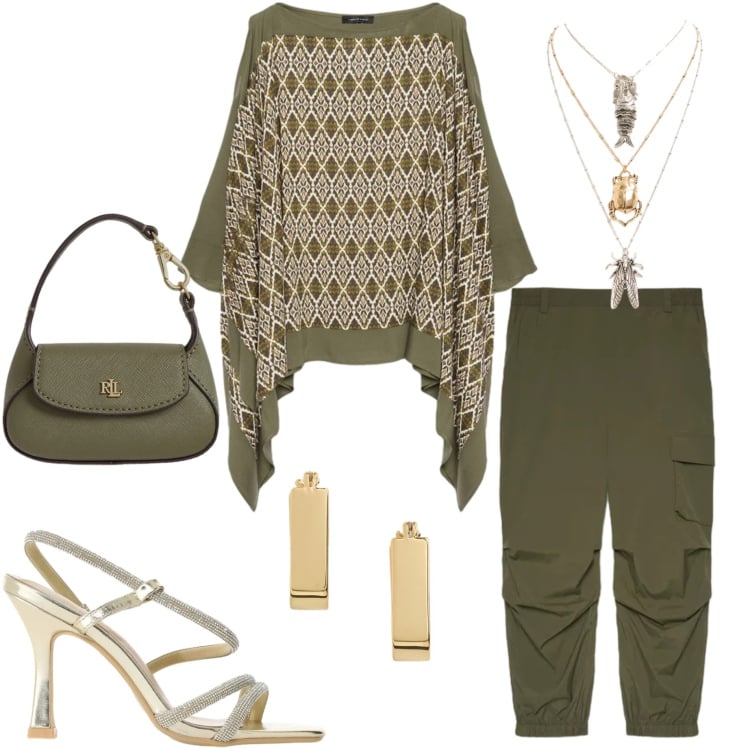 Outfit donna - Fiorella Rubino. Stile Chic per Cerimonia. Abbinamento con sandali col tacco, pantaloni cargo, bluse, borse a mano, orecchini, ciondoli.