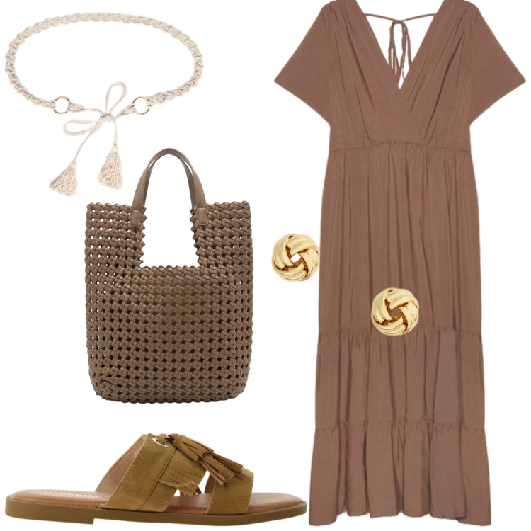 Outfit donna - Giugno. Stile Casual chic per Ufficio. Abbinamento con sandali, vestiti lunghi, cinture, orecchini, borse tote.