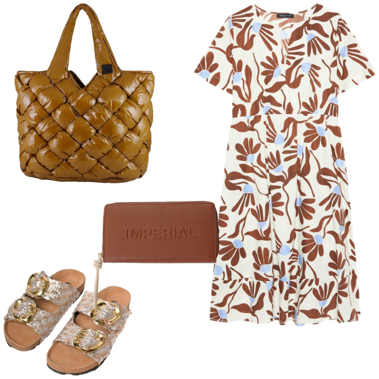 Outfit donna - Tutti i giorni. Stile Basic per Tutti i giorni. Abbinamento con portafogli, vestiti lunghi, borse tote, ciabatte.