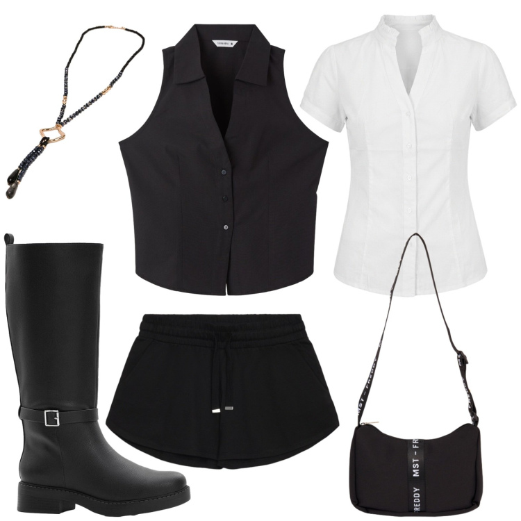Outfit donna - Gilet milleusi. Stile Casual per Tutti i giorni. Abbinamento con stivali, top, pantaloni, borse a tracolla, collane, camicie a manica corta.