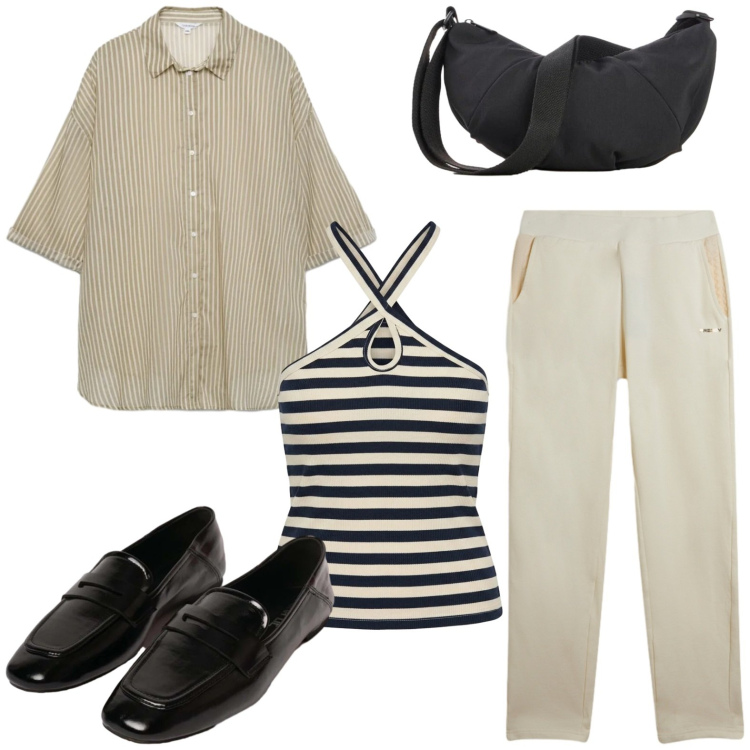 Outfit donna - Mocassini glam. Stile Basic per Tutti i giorni. Abbinamento con borse a tracolla, camicie a manica corta, pantaloni, mocassini, canottiere.