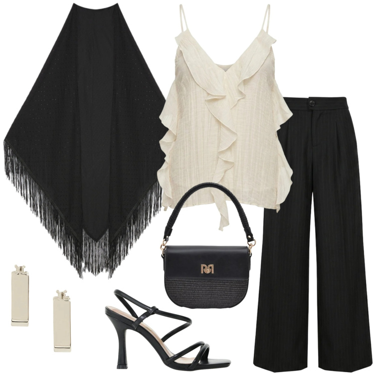 Outfit donna - Cerimonia a giugno. Stile Casual chic per Cerimonia. Abbinamento con sandali col tacco, canottiere, borse a spalla, foulard, orecchini, pantaloni a palazzo.
