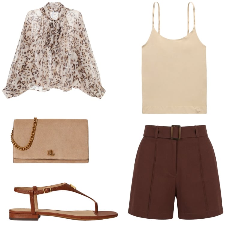 Outfit donna - Stilosa di sera. Stile Glamour per Serata fuori. Abbinamento con camicie, shorts, magliette intime, sandali in pelle, borse a tracolla.