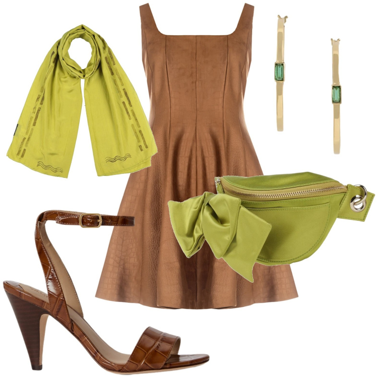Outfit donna - Eleganza da protagonista. Stile Casual per Tutti i giorni. Abbinamento con marsupi, sciarpe, vestiti corti, orecchini, sandali in pelle.