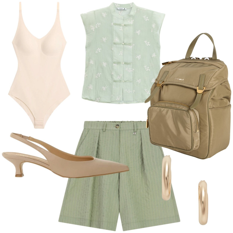 Outfit donna - Glamour in bermuda. Stile Glamour per Tutti i giorni. Abbinamento con zaini, body, camicie a manica corta, orecchini, bermuda, décolleté.