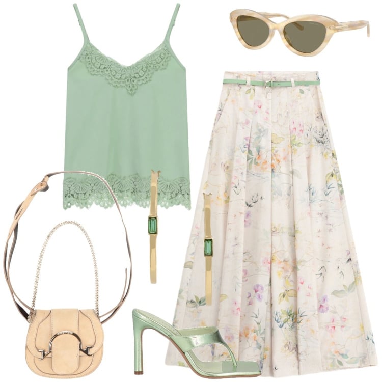 Outfit donna - Total look #2420327. Stile Chic per Tutti i giorni. Abbinamento con marsupi, ciabatte, pantaloni a palazzo, occhiali da sole, orecchini, top.