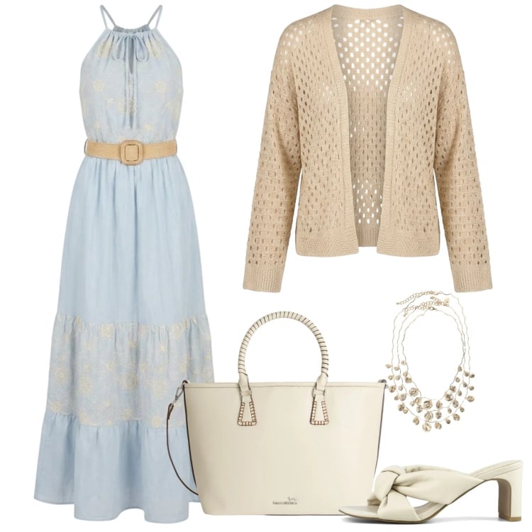 Outfit donna - Una marea di emozioni. Stile Bon Ton per Serata fuori. Abbinamento con shopping bag, collane, vestiti lunghi, cardigans, sandali col tacco.