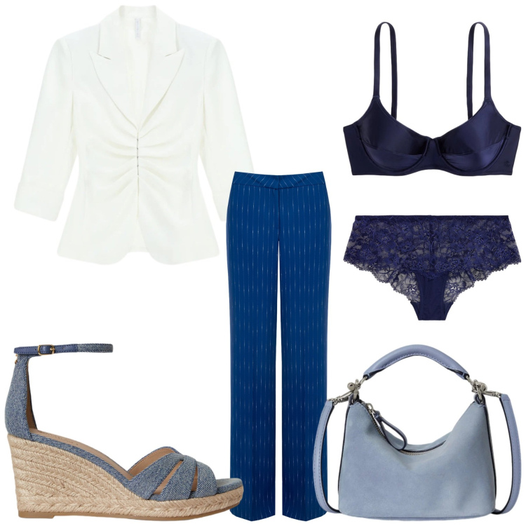 Outfit donna - Total look #2420329. Stile Minimal per Ufficio. Abbinamento con blazer, pantaloni, zeppe, culotte, borse a spalla, reggiseni.