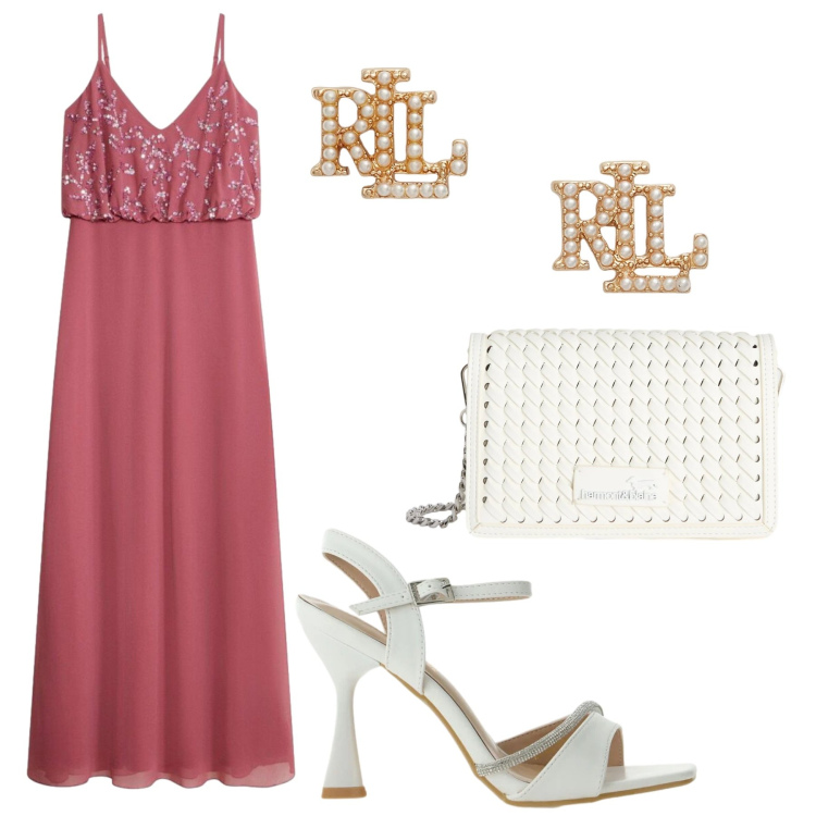 Outfit donna - Total look #2420332. Stile Romantica per Cerimonia. Abbinamento con vestiti, borse a tracolla, sandali gioiello, orecchini.