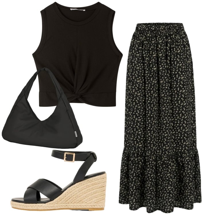 Outfit donna - Total look #2420341. Stile Basic per Tutti i giorni. Abbinamento con zeppe, top, borse a spalla, gonne lunghe.