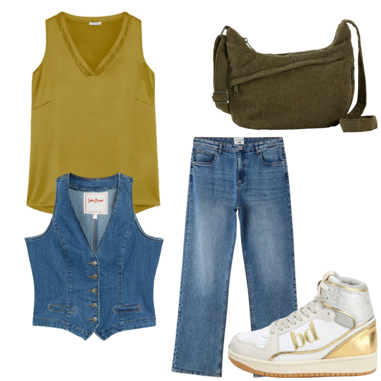 Outfit donna - Total look #2420342. Stile Basic per Tutti i giorni. Abbinamento con gilet, borse a tracolla, jeans dritti, top, sneakers alte.